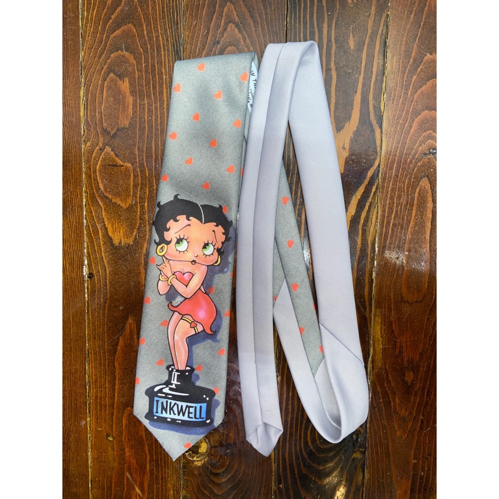 Vintage 1993 Ralph Marlin Betty Boop Necktie In The Inkwell Grey Pink Hearts USA
